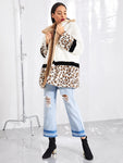 Cut and Sew Leopard Panel Faux Fur Teddy Coat