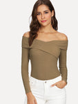 Cross Wrap Off Shoulder Ribbed T-shirt