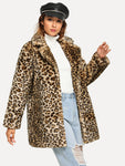 Notch Collar Leopard Faux Fur Coat