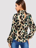 Bishop Sleeve Frill Neck Leopard Blouse