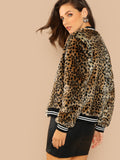 Contrast Striped Zip Up Leopard Jacket