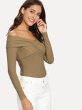 Cross Wrap Off Shoulder Ribbed T-shirt