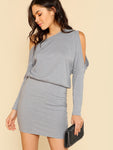 Asymmetric Cold Shoulder Rib Knit Blouson Dress