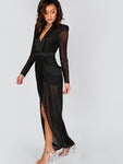 Deep V Neck Shoulder Pads Sheer Wrap Dress