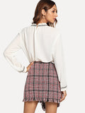 Asymmetric Wrap Frayed Tweed Skirt