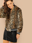 Contrast Striped Zip Up Leopard Jacket