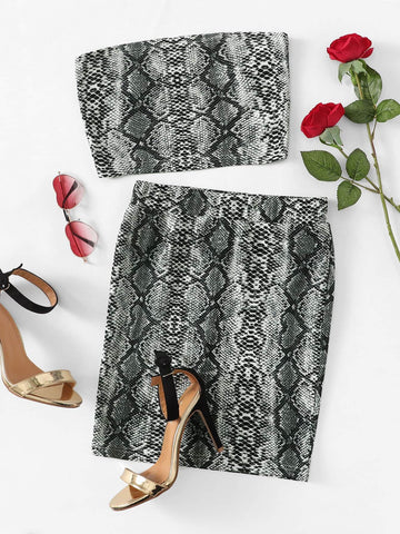 Snake Print Bandeau & Slim Fitted Skirt Set