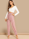 Tie Neck Frill Trim Pleated Pants