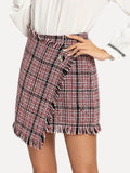 Asymmetric Wrap Frayed Tweed Skirt