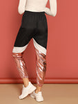 Color-block Contrast Metallic Pants