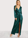 Collared Plunge Neck Twist Satin Dress