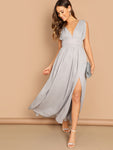 Deep V-neck Ruched Wide Waistband Slit Dress